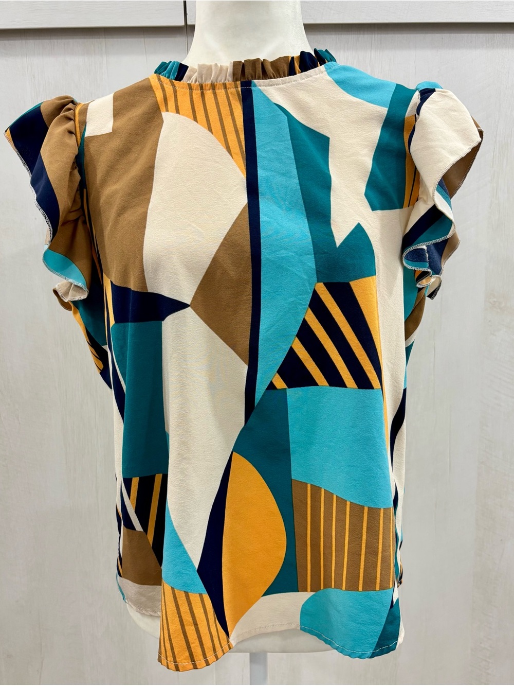 Geometric Pattern Ruffle Short Sleeve Blouse Blue Navy Orange Brown - Picture 2 of 5